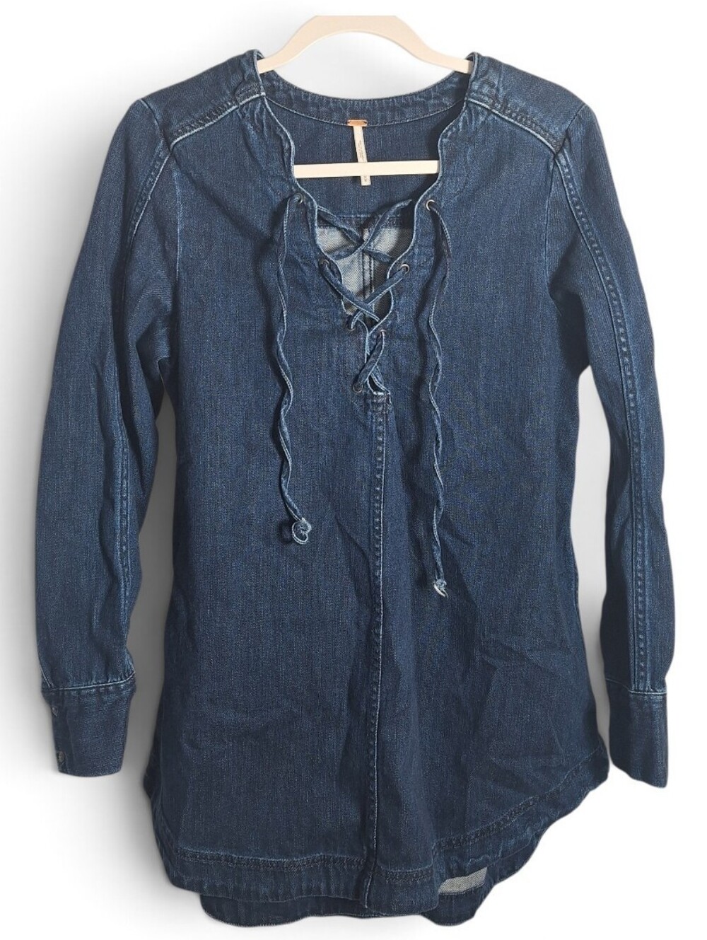Free People Denim Tunic Top or Mini Dress Lace Up Boho Medium Womens